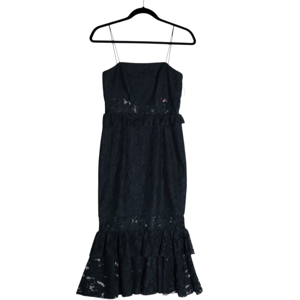 Jay Godfrey Black Floral Lace Spaghetti Strap Ruffle Hem Midi Dress Size 2